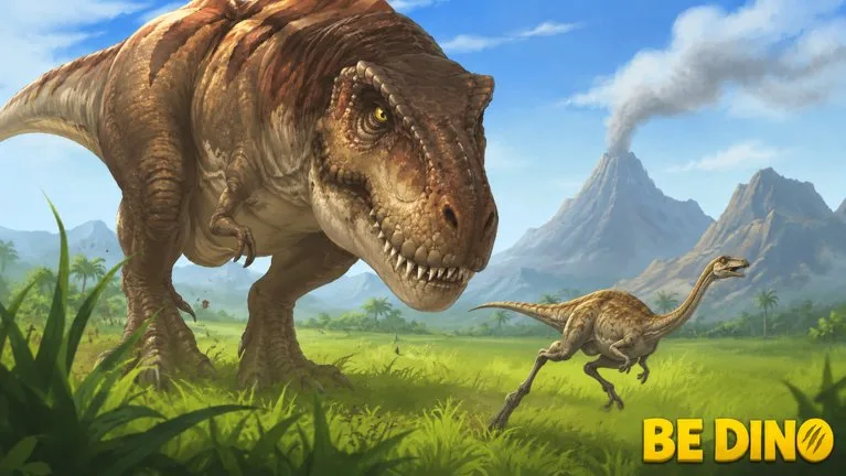 Be Dino promo art of a large brown theropod looming over a smaller dinosaur running across a grassy plain, with a volcano behind them.